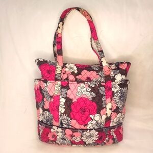 Vera Bradley Mocha Rose Floral Chocolate Pink Discontinued Print Quilted Tote
